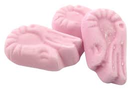 Pink shrimp-shaped foam sweets with a soft, chewy texture